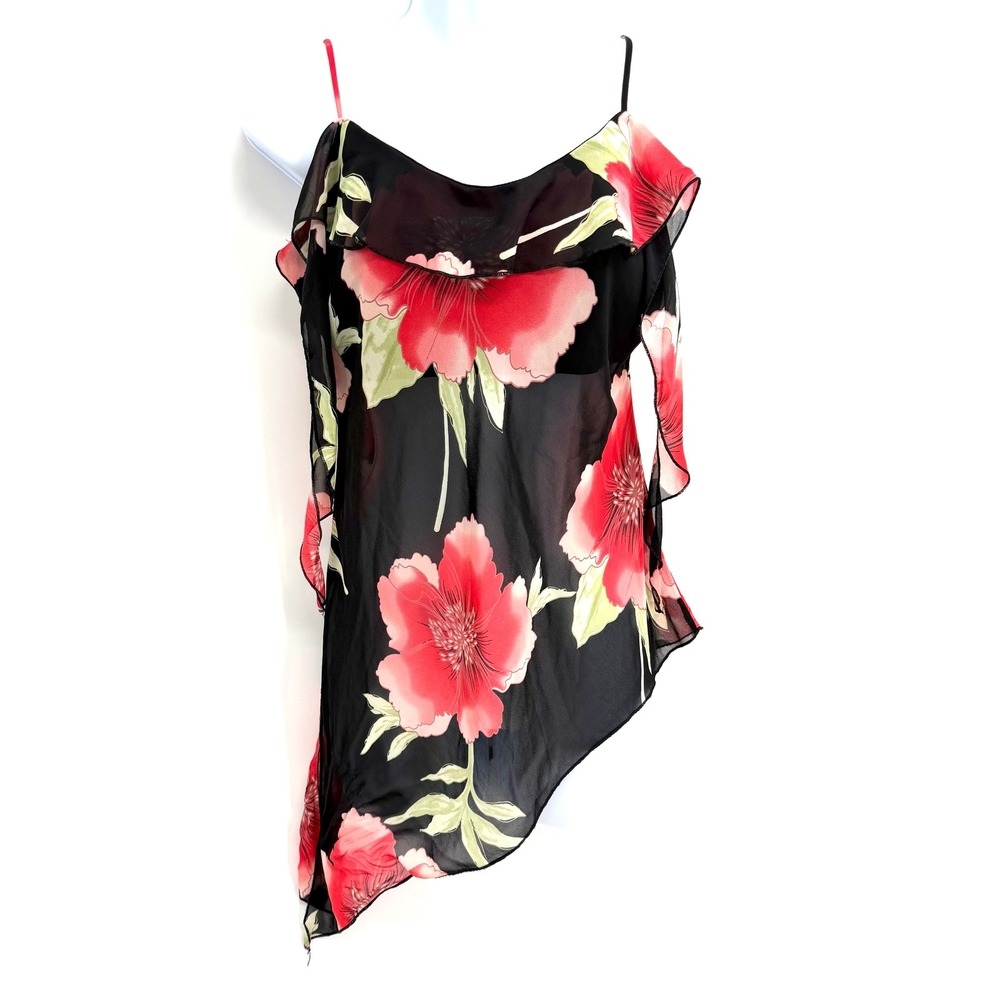 Y2K One Heart Floral Sheer Asymmetrical Cami Top Size S Black Red Romantic Fairy